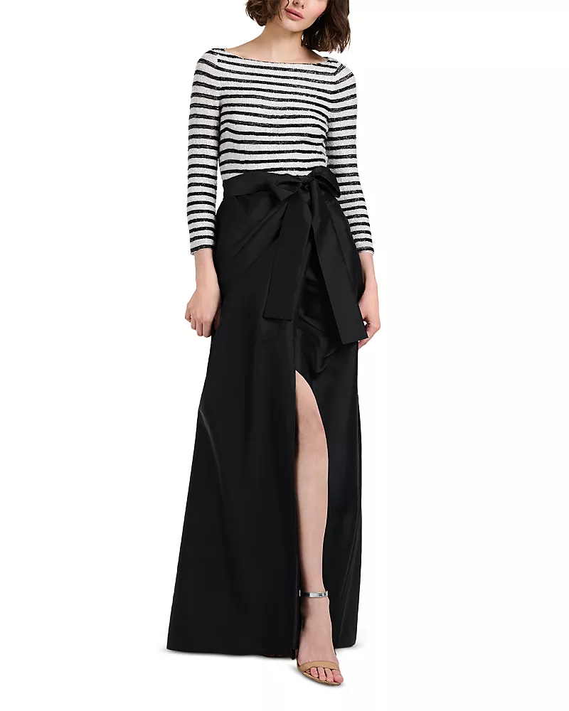 Emily Shalant Mixed Media Embellished Tie Waist Gown