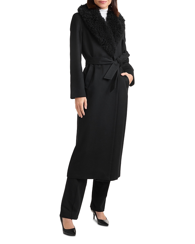 Sofia Cashmere Shearling Collar Belted Wrap Coat In Black