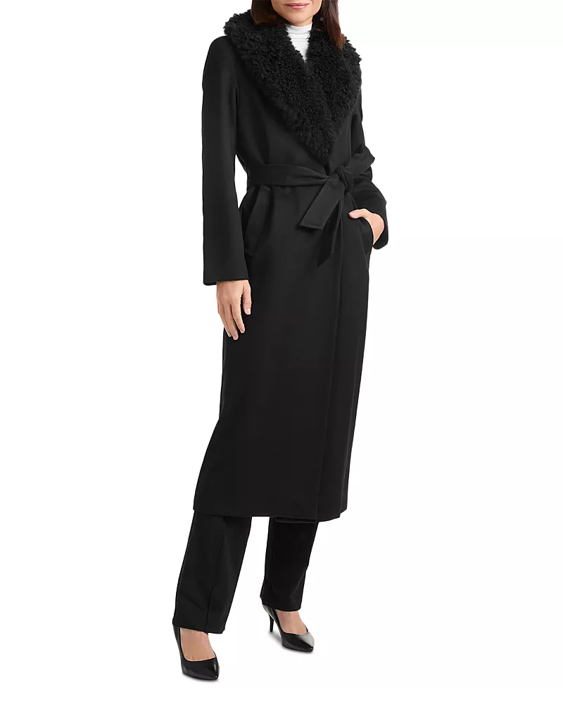 Sofia Cashmere Shearling Collar Belted Wrap Coat