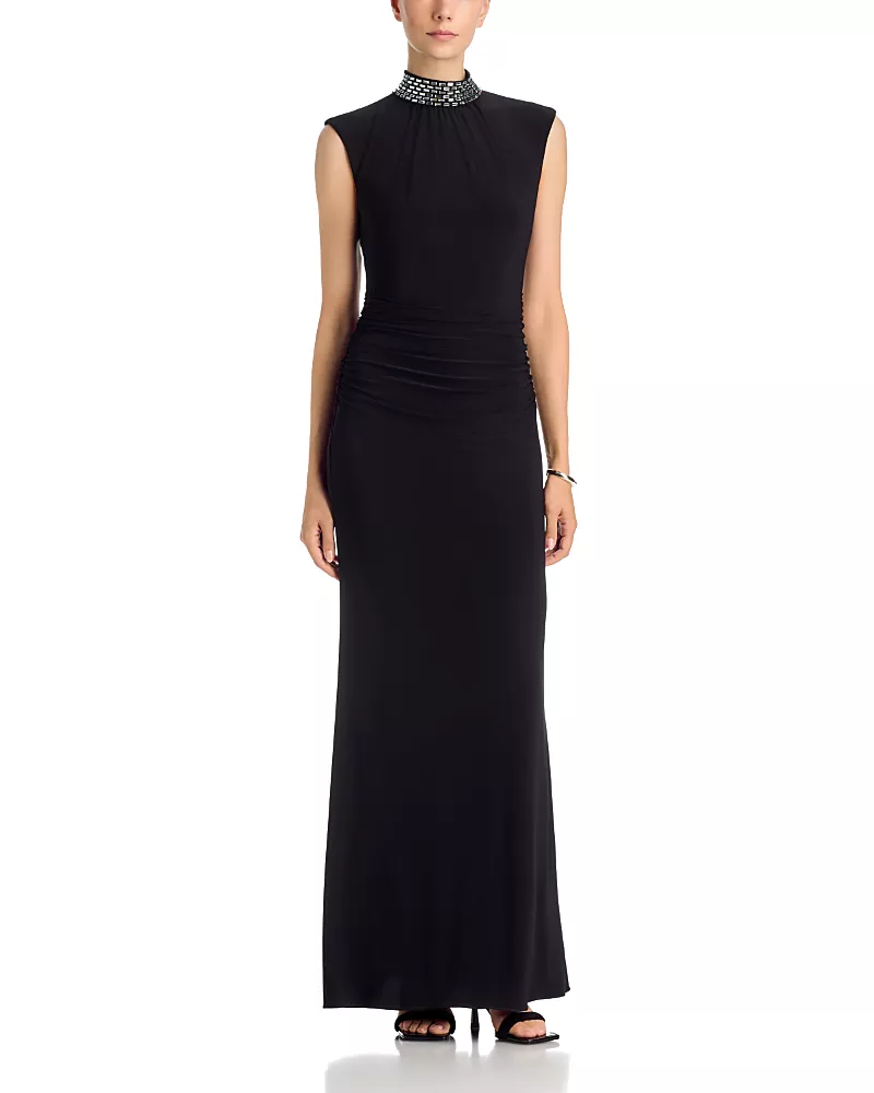 Aqua Beaded Mock Neck Gown - Exclusive