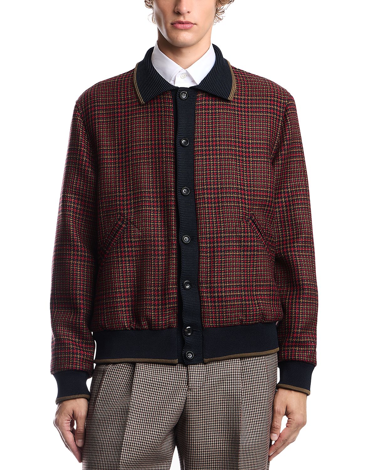 Emporio Armani Wool Plaid Tweed Bomber Jacket