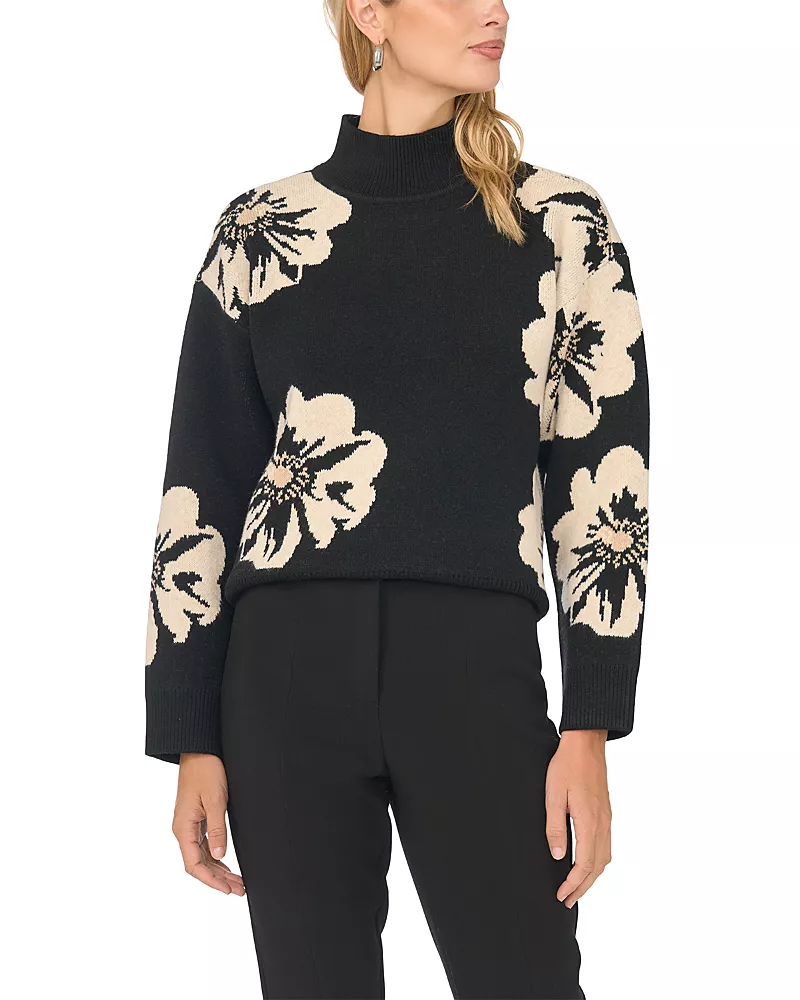 Vince Camuto Floral Jacquard Mock Neck Sweater