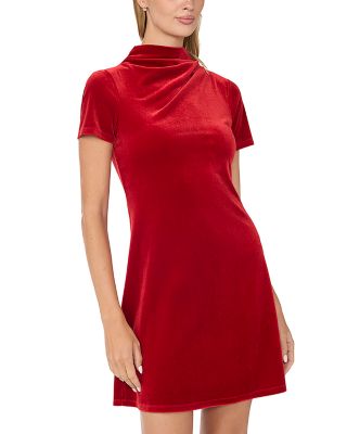 High Cowl Neck Pleat Shoulder Mini Dress