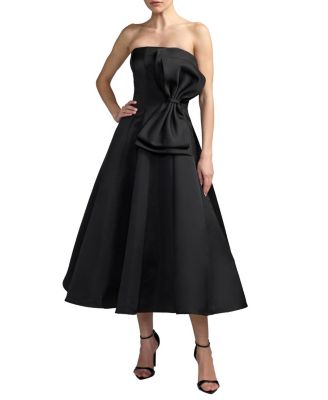  Strapless Satin A-Line Midi Dress With Bow