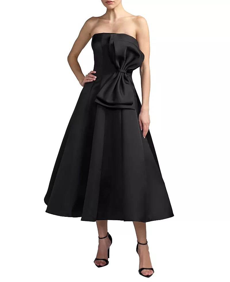Mac Duggal Strapless Satin A-Line Midi Dress With Bow