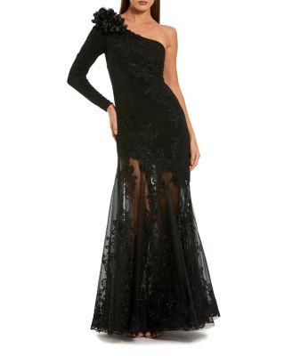 Mac Duggal Jersey One Sleeve Applique Sheer Mermaid Gown