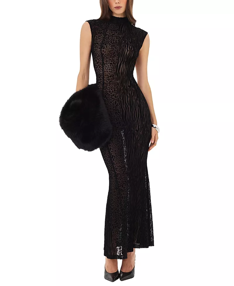 Miss Circle Tyanna Backless Burnout Velvet Mesh Mermaid Maxi Dress
