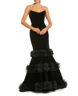  Strapless Velvet Mermaid Gown With Tiered Ruffles