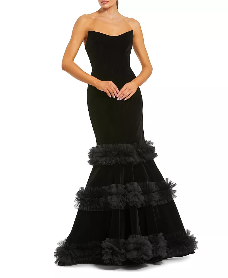 Mac Duggal Strapless Velvet Mermaid Gown With Tiered Ruffles