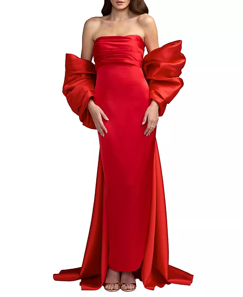 Mac Duggal Satin Strapless Ankle Dress With Oversized Bow