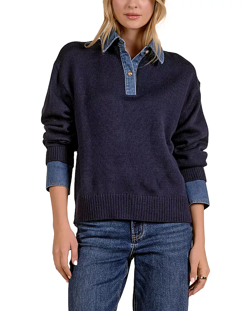 Elan Denim Trim Collared Sweater