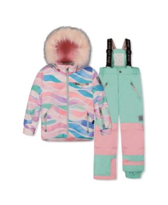 Deux Par Deux Girls' Play Line Print Faux Fur Hood Jacket & Pants Two Piece Snowsuit - Little Kid, B In Multi