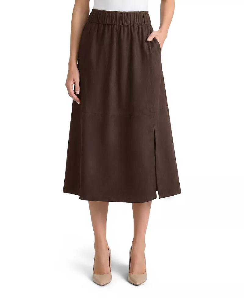 Ming Wang Flared Side Slit Faux Suede Maxi Skirt