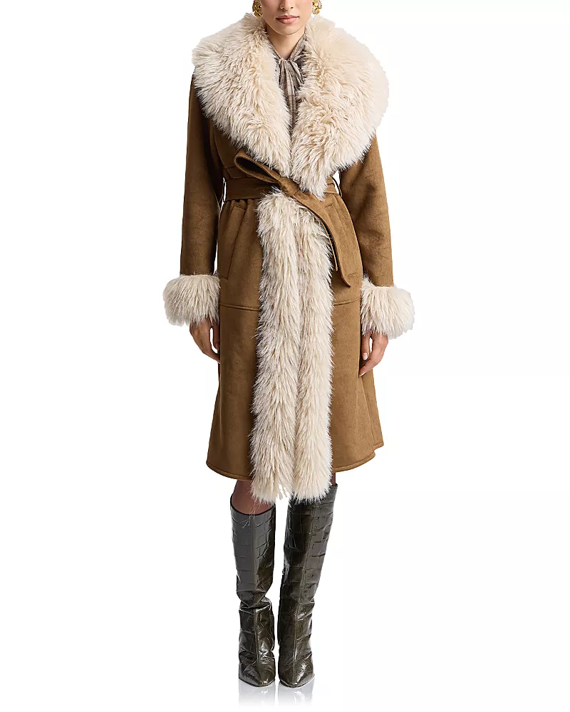 Avec Les Filles Faux Shearling & Faux Suede Belted Coat