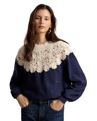 Cotton Blend Crochet Yoke Fleece Pullover