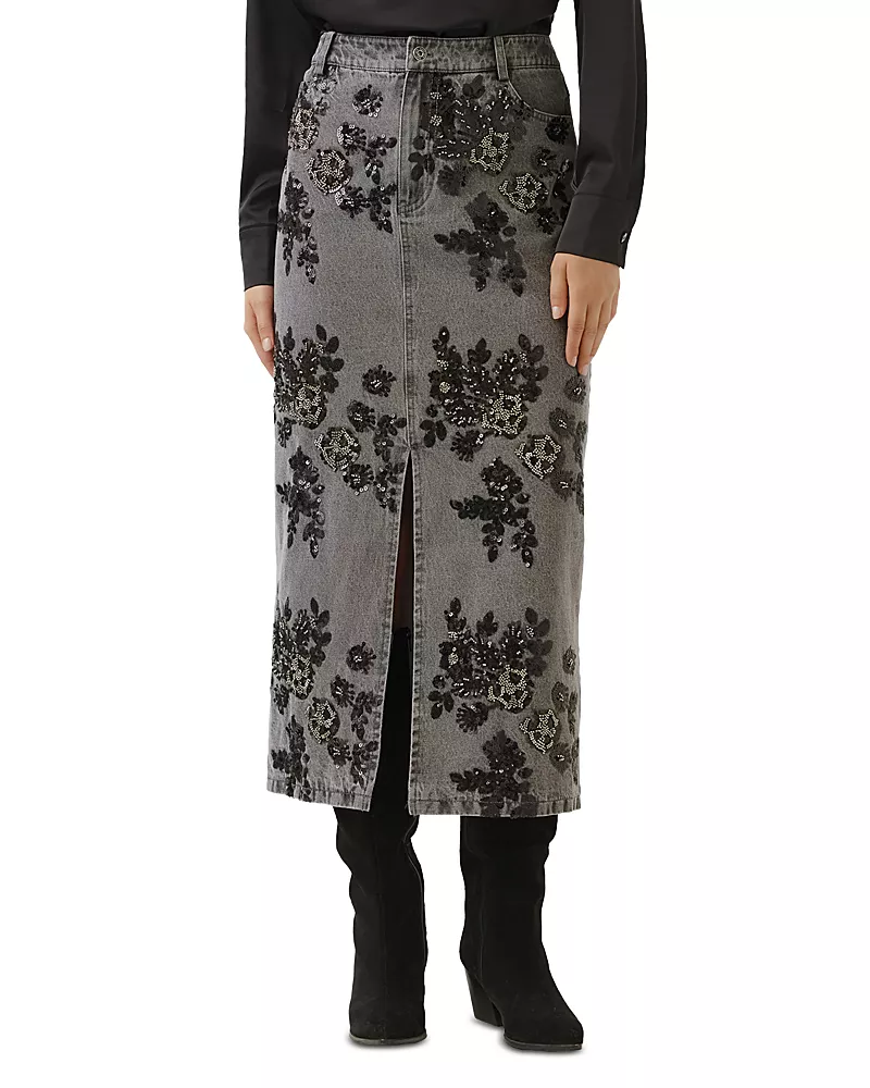 Karen Kane Sequin Pencil Front Slit Midi Jean Skirt in Gray