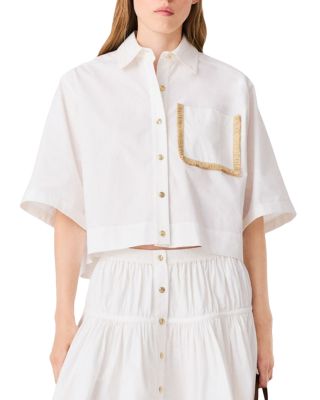 Raffia Trim Cropped Button Up Shirt