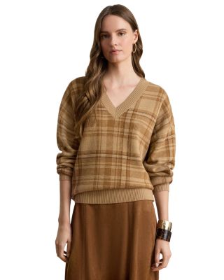 Lauren Ralph Lauren Plaid Wool Blend V Neck Sweater