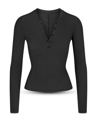 Ribbed Cotton Blend Henley Top