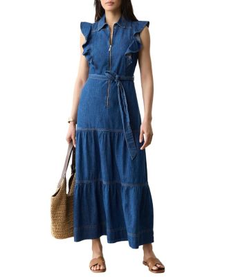  Women's Denim Ruffle Maxi Shirt Dress