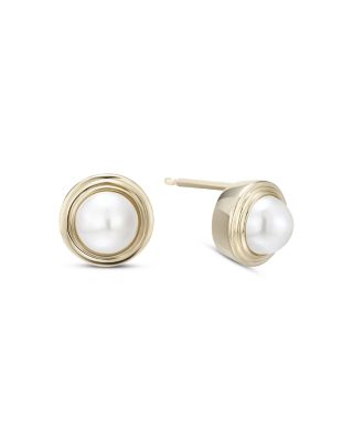 10K Yellow Gold Imitation Pearl June Birthstone Bezel Stud Earrings