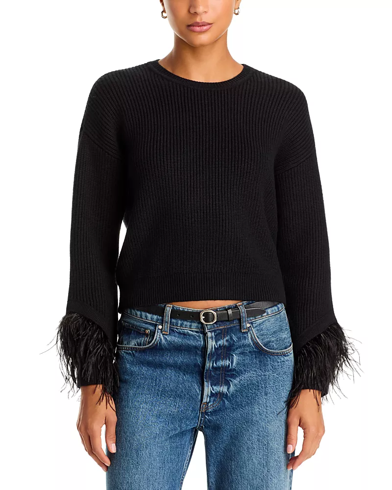 Aqua Feather Trim Cropped Crewneck Pullover - Exclusive