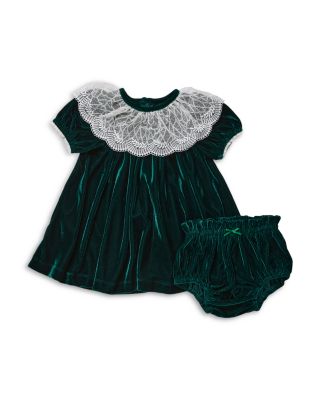 Girls' Caroline Evergreen Velour & Lace Trim Dress & Bloomers Set - Baby