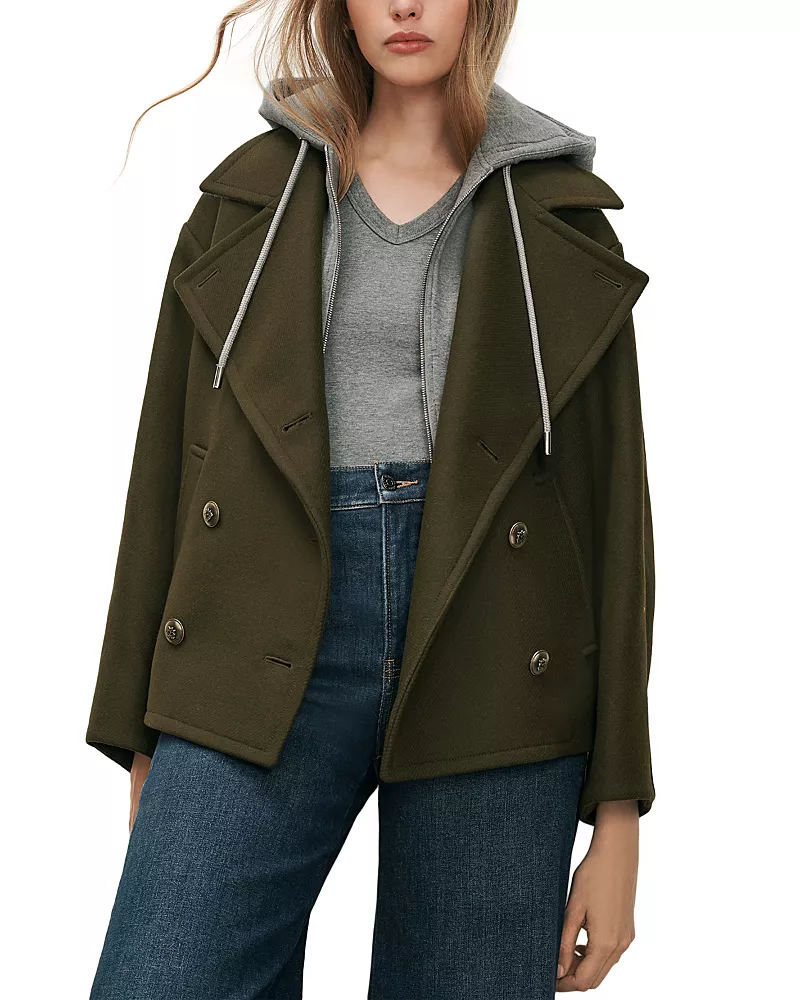 Veronica Beard Franklin Double Breasted Wool Blend Hoodie Coat