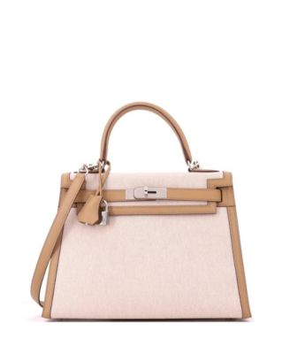 Kelly 28 Handbag Toile and Brown Swift with Palladium Hardware