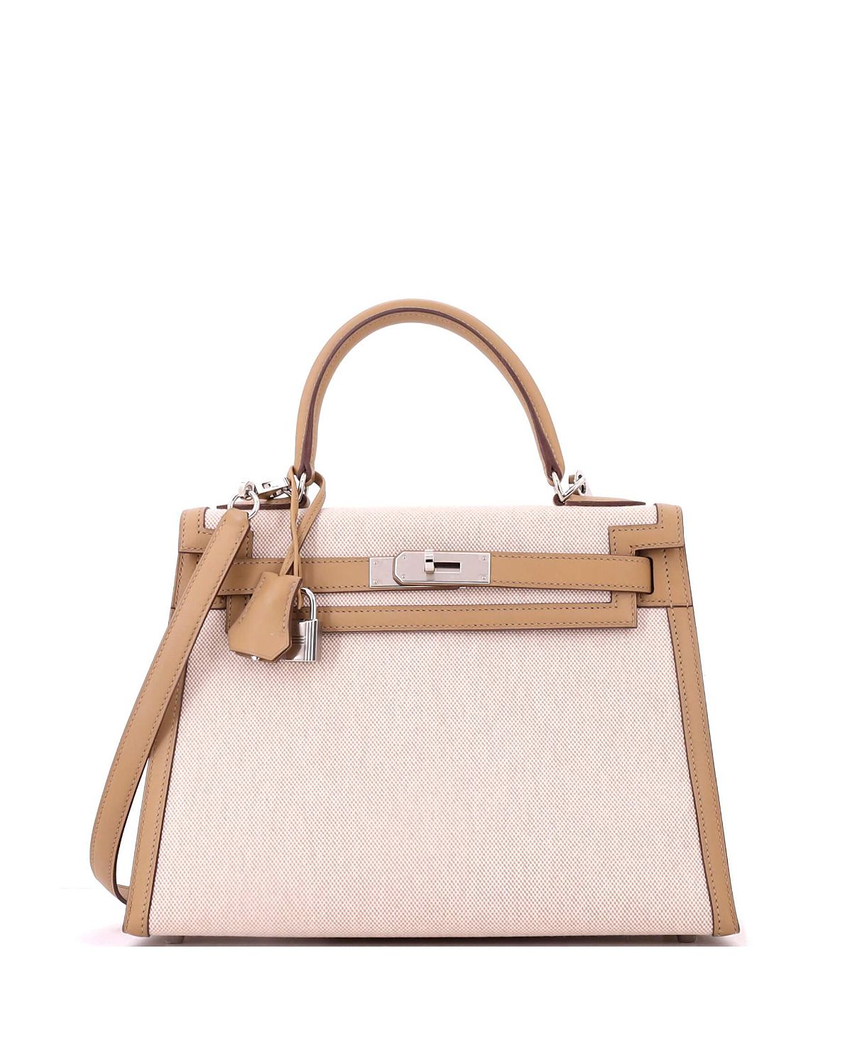 Pre-Owned HERMES Kelly 28 Handbag Toile and Brown Swift with Palladium Hardware