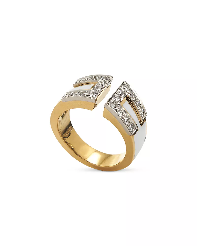 David Webb Platinum & 18K Yellow Gold Diamond & White Enamel Cuff Ring, 0.76 tcw