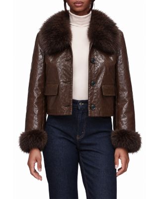 Crinkle Faux Leather Faux Fur Trim Jacket
