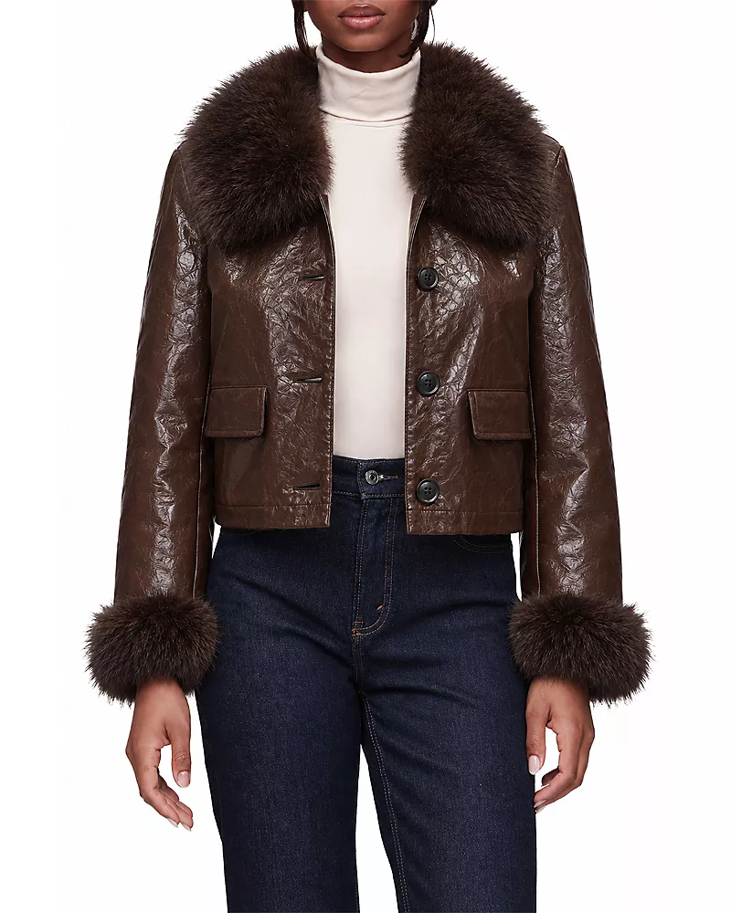 Bagatelle Crinkle Faux Leather Faux Fur Trim Jacket