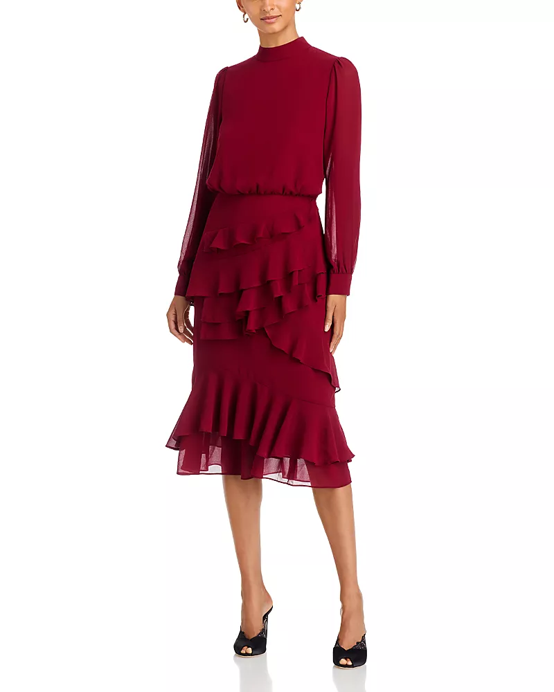 Area Stars Evelyn Ruffled Mock Neck Midi Dress