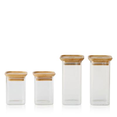 4 Piece Set Square Glass Spice Jar with Bamboo Lids