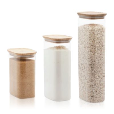 Rectangle Glass Storage Canisters with Bamboo Lids Set, 3 Piece