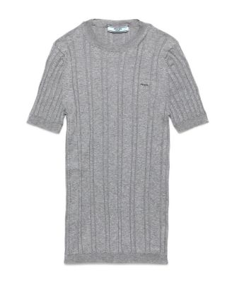  Short Sleeved Ribbed Knit Cotton Sweater