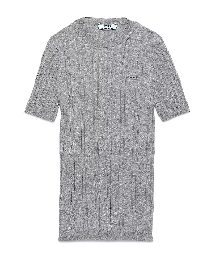 Prada Short Sleeved Ribbed Knit Cotton Sweater