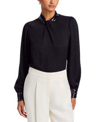 Amira Silk Stretch Sequin Trim Shirt