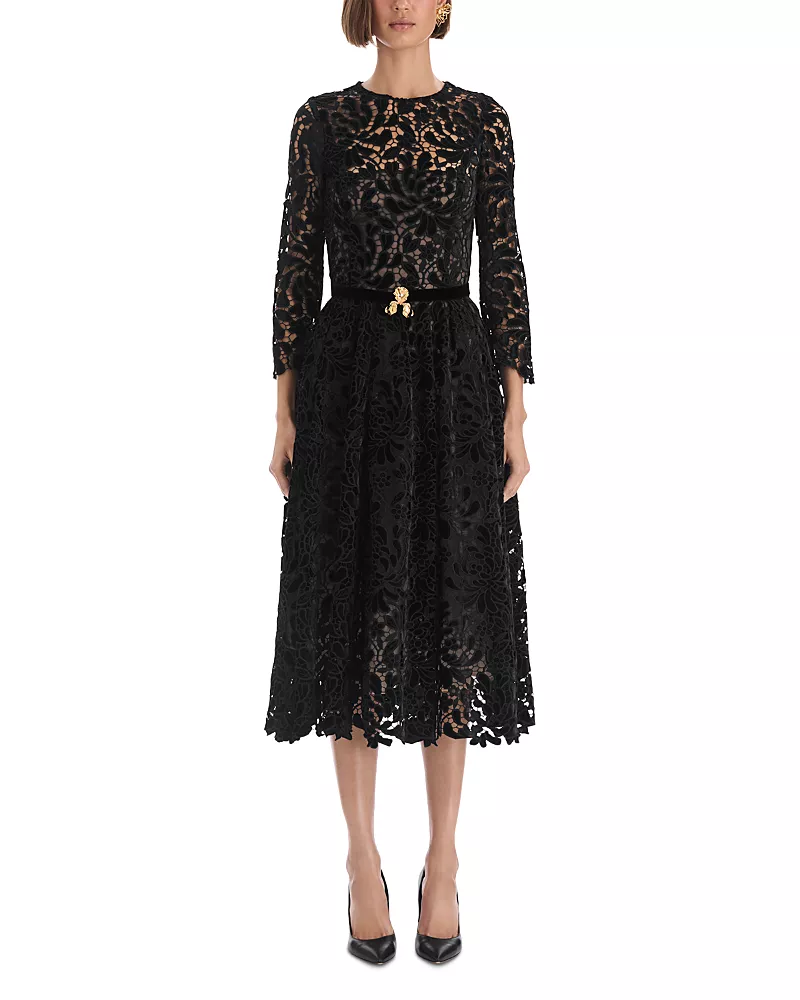 Oscar de la Renta Chrysanthemum Guipure Belted Midi Dress