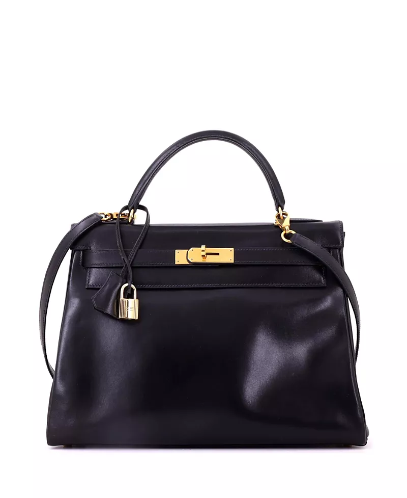 Pre-Owned HERMES Kelly 32 Handbag Black Box Calf with Gold Hardware