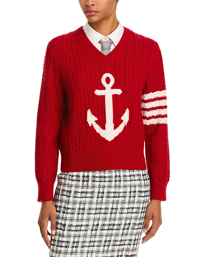 Thom Browne Anchor Intarsia Cable Knit V Neck Sweater