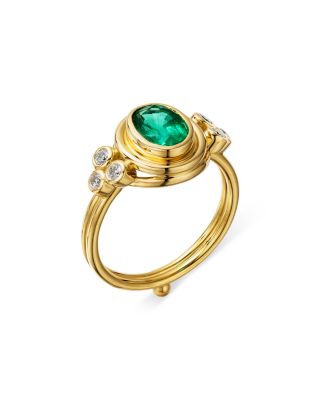 18K Yellow Gold Emerald & Diamond Classic Temple Ring
