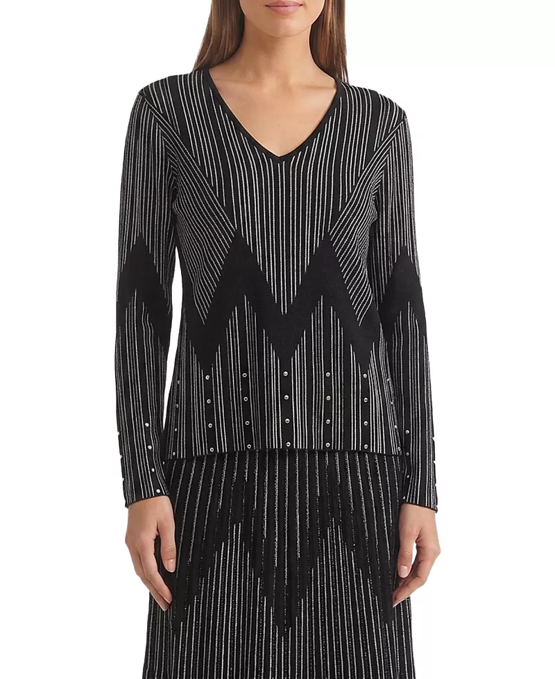 Ming Wang Silver Lurex Studded Soft Knit Top