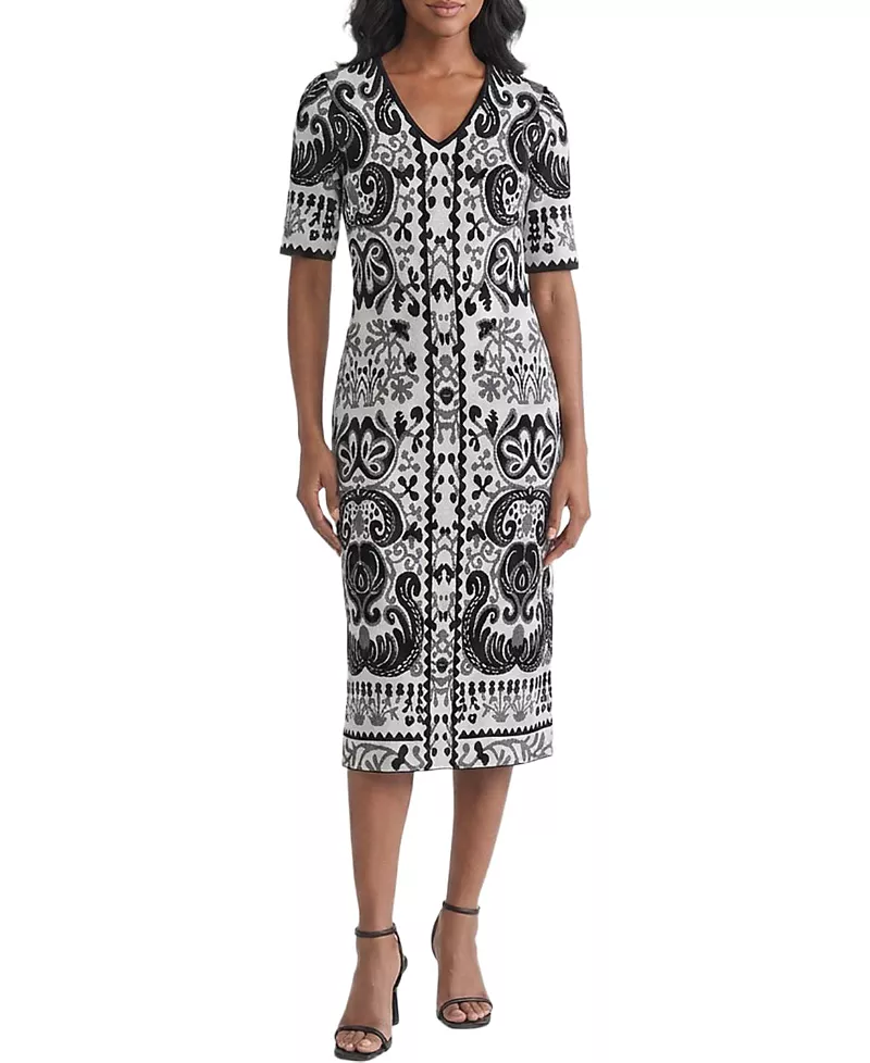 Ming Wang Petite Multi-Pattern Jacquard Soft Knit Midi Dress