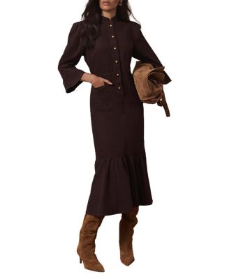 Women's Denim Puff Shoulder Midi Shirt Dress
