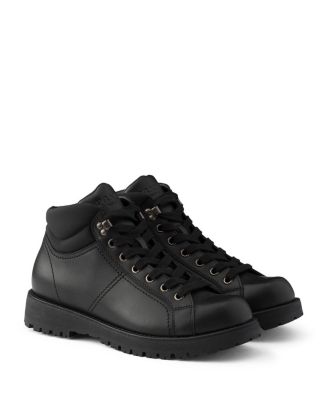 Prada Men's Lace-Up Leather and Re-Nylon Booties