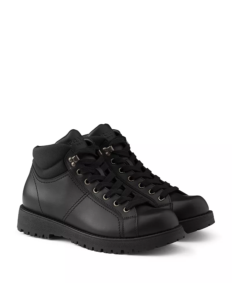 Prada Men's Lace-Up Leather and Re-Nylon Booties