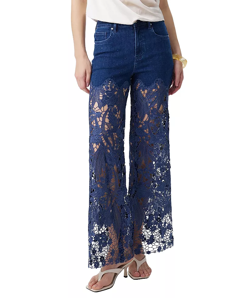 Bayeas Embroidery High Rise Wide Leg Lace Jeans with Rhinestone in Lagoon