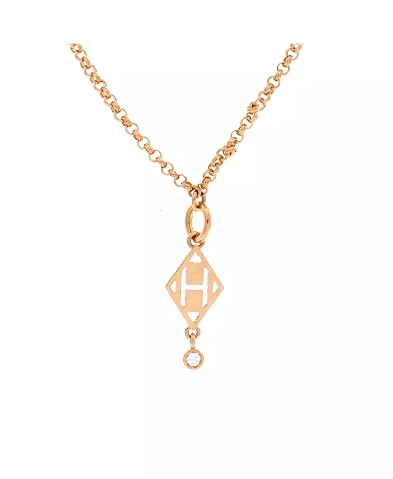 Pre-Owned HERMES Gambade H Pendant Necklace 18K Rose Gold with Diamond, 16.5